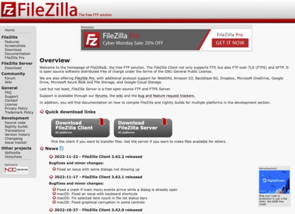 Strona pobierania FileZilla