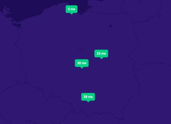 Test szybkości serwerów DNS HostMark: Polska (mapa)