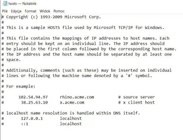 Plik hosts w Windows w Notatniku