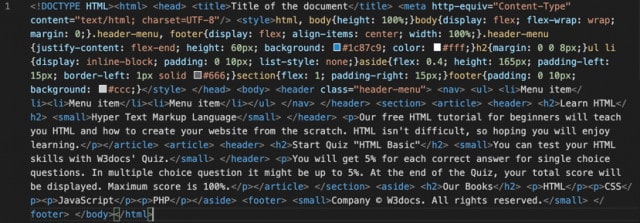 Przykładowy prosty kod HTML po usunięciu spacji w jednej linii
